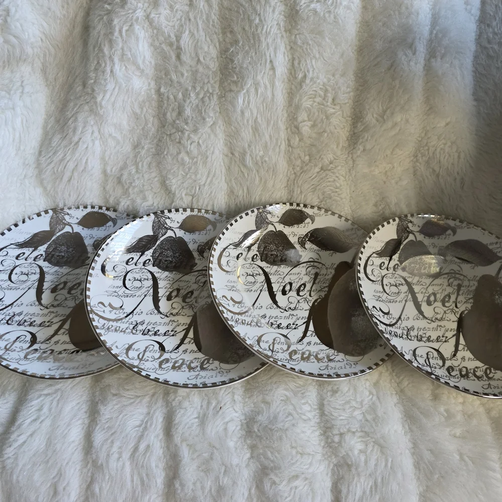 Restoration Hardware Script Design Dinner Plates - Silver, White, Cream Set Of 4